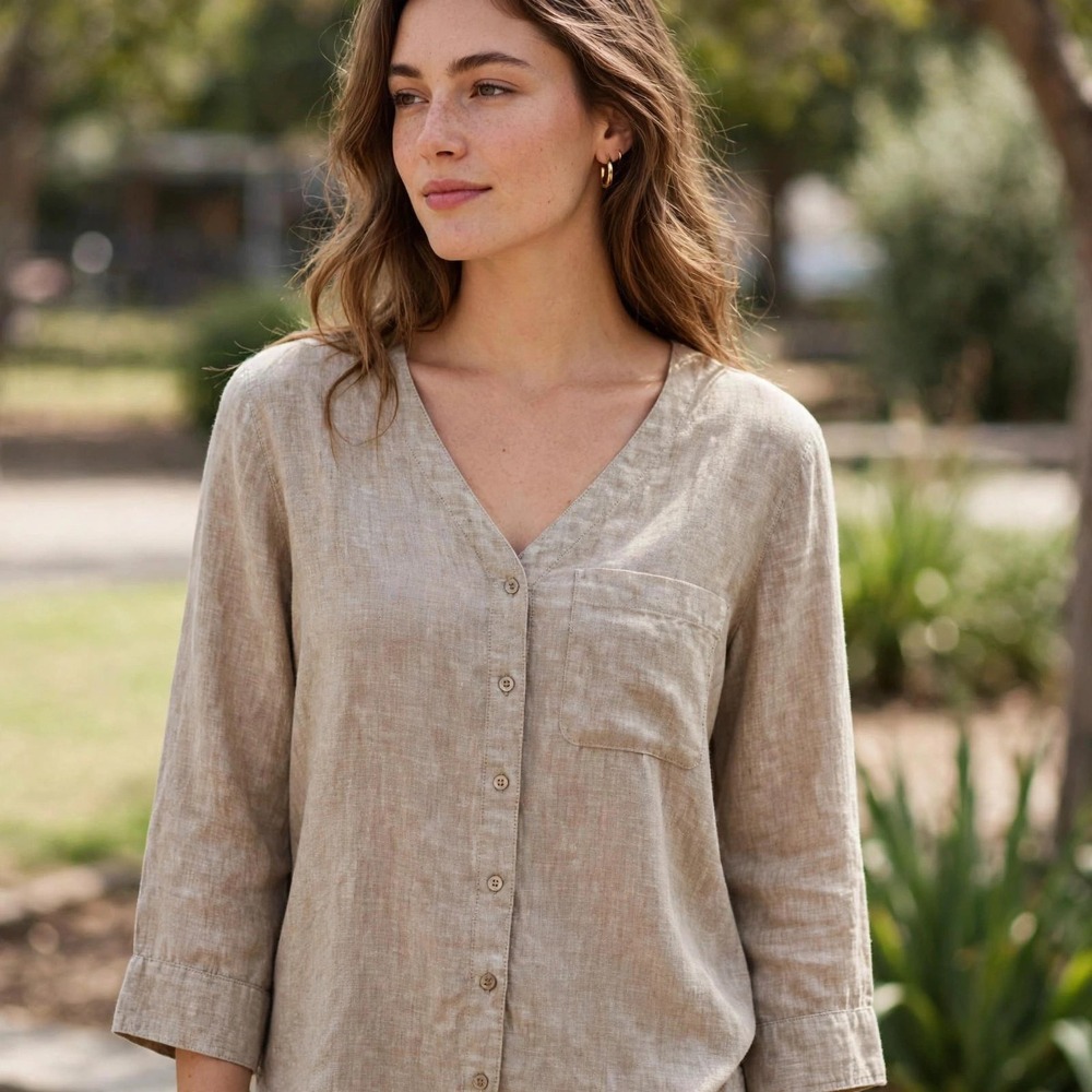 Orvis Womens XS Linen Blend‎ V-Neck Blouse Oatmeal Tan 3/4 Sleeve Pocket Top